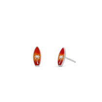 Boma Jewelry Pair of earrings shaped like surfboards with palm tree design on a white background
