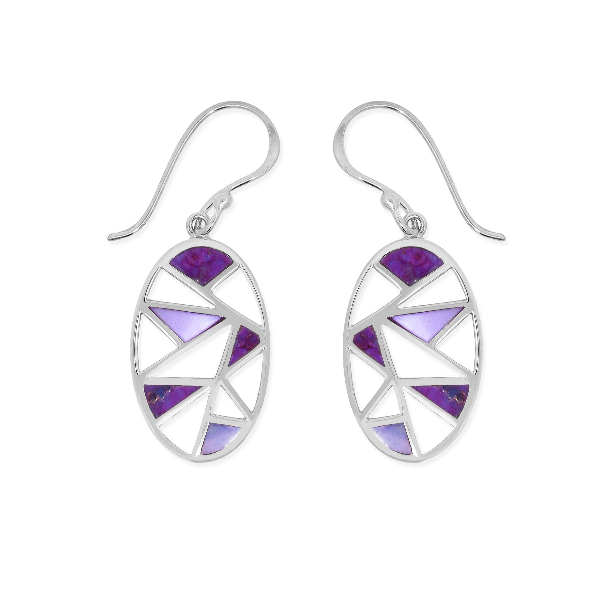 Boma Jewelry Earrings Purple Turquoise/Purple Mother of Pearl Oval Shaped 2-Stone Mosaic Dangle Earrings